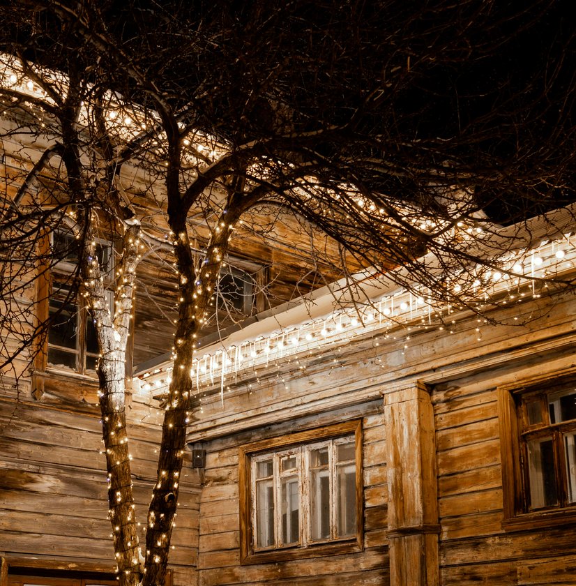 Warm exterior lighting on covered patio